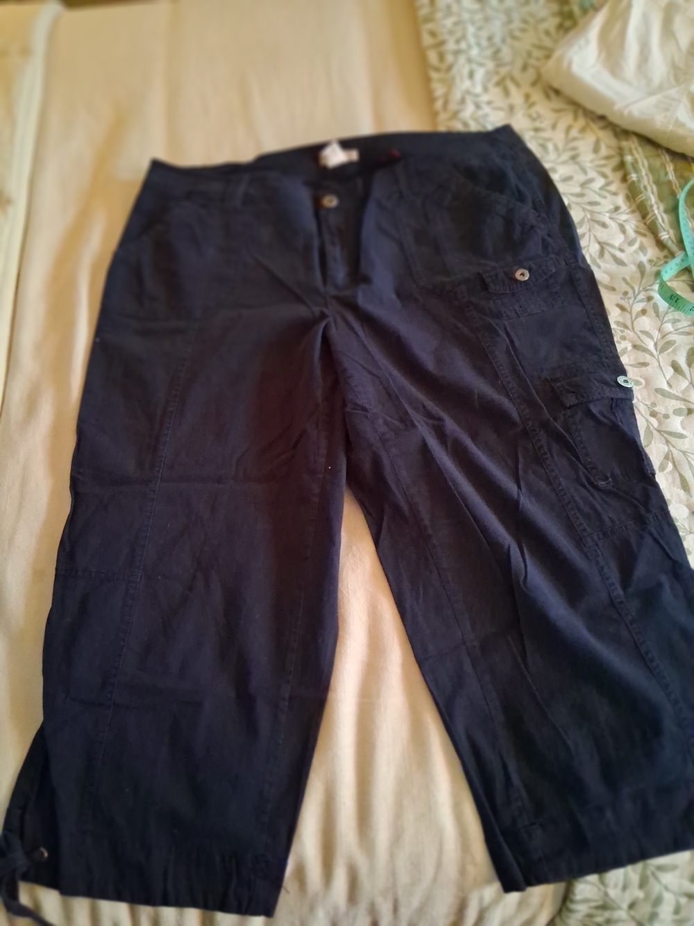Reverse Navy Cargo Capris with Decorative Button